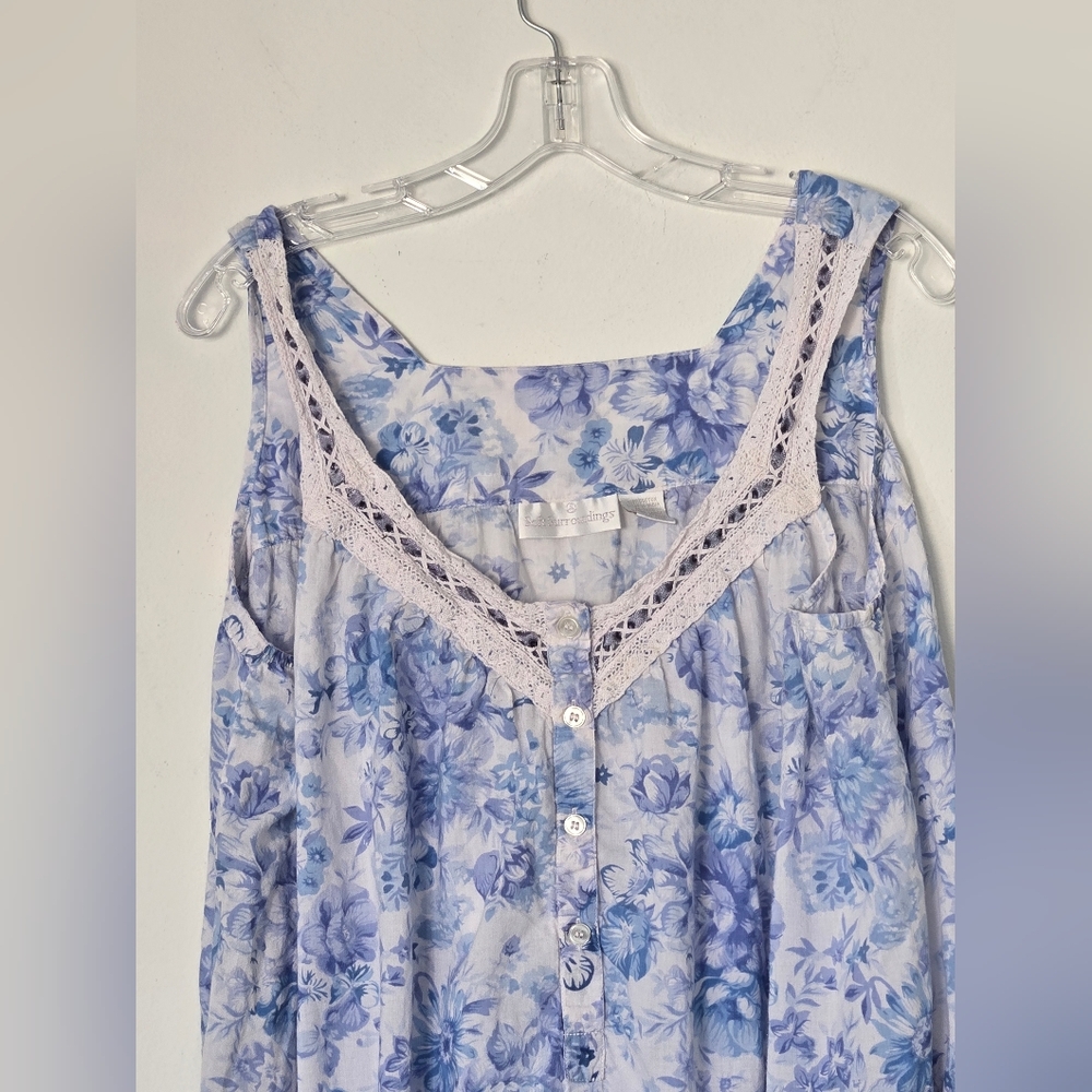 Soft Surroundings Blue and White Floral 100% Cotton Nightgown | Size Large - Picture 3 of 8